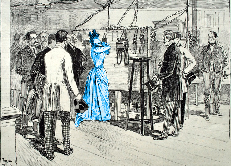 Première communication téléphonique entre Paris et Londres en 1891. Gravure du Musée Carnavalet, Paris.